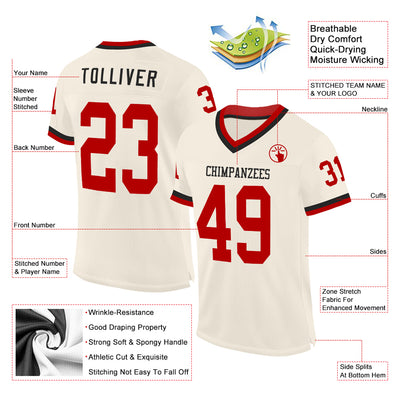 Custom Cream Red-Black Mesh Authentic Throwback Football Jersey