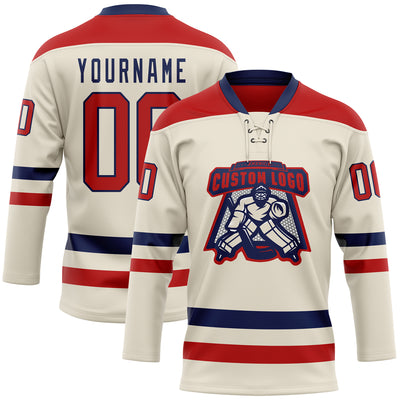 Custom Cream Red-Navy Hockey Lace Neck Jersey