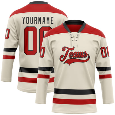 Custom Cream Red-Black Hockey Lace Neck Jersey