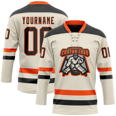 Custom Cream Black-Orange Hockey Lace Neck Jersey