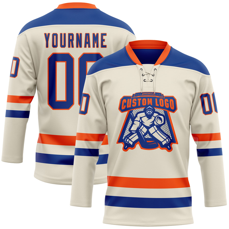 Custom Cream Royal-Orange Hockey Lace Neck Jersey