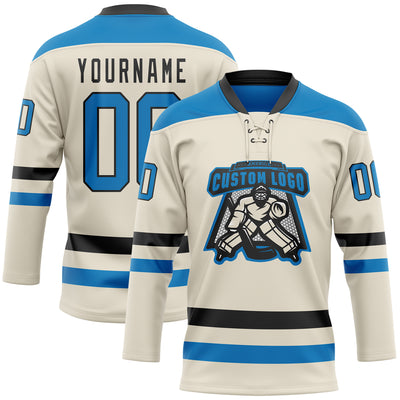 Custom Cream Blue-Black Hockey Lace Neck Jersey