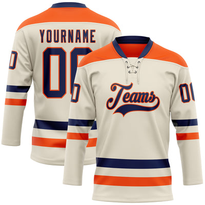 Custom Cream Navy-Orange Hockey Lace Neck Jersey