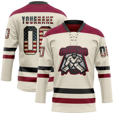 Custom Cream Vintage USA Flag Black-Maroon Hockey Lace Neck Jersey