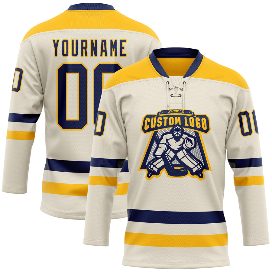 Custom Cream Navy-Gold Hockey Lace Neck Jersey