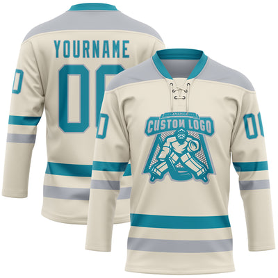 Custom Cream Teal-Gray Hockey Lace Neck Jersey