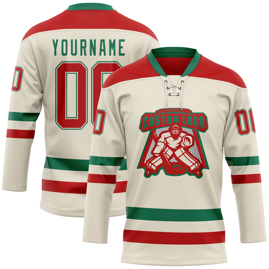 Custom Cream Red-Kelly Green Hockey Lace Neck Jersey