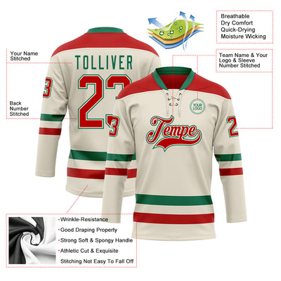 Custom Cream Red-Kelly Green Hockey Lace Neck Jersey