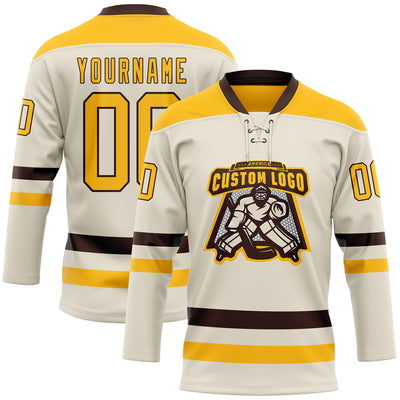 Custom Cream Gold-Brown Hockey Lace Neck Jersey