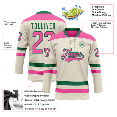 Custom Cream Pink-Kelly Green Hockey Lace Neck Jersey