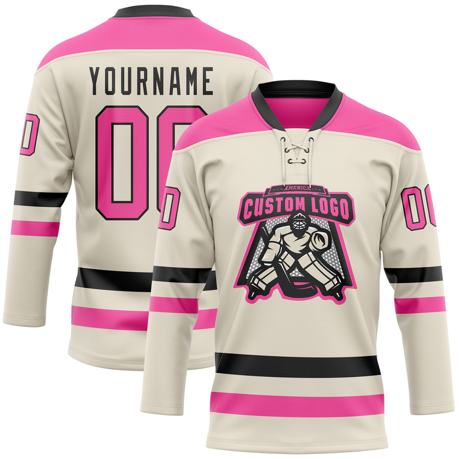 Custom Cream Pink-Black Hockey Lace Neck Jersey