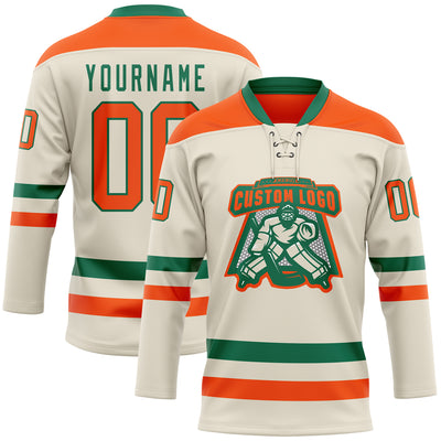 Custom Cream Orange-Kelly Green Hockey Lace Neck Jersey