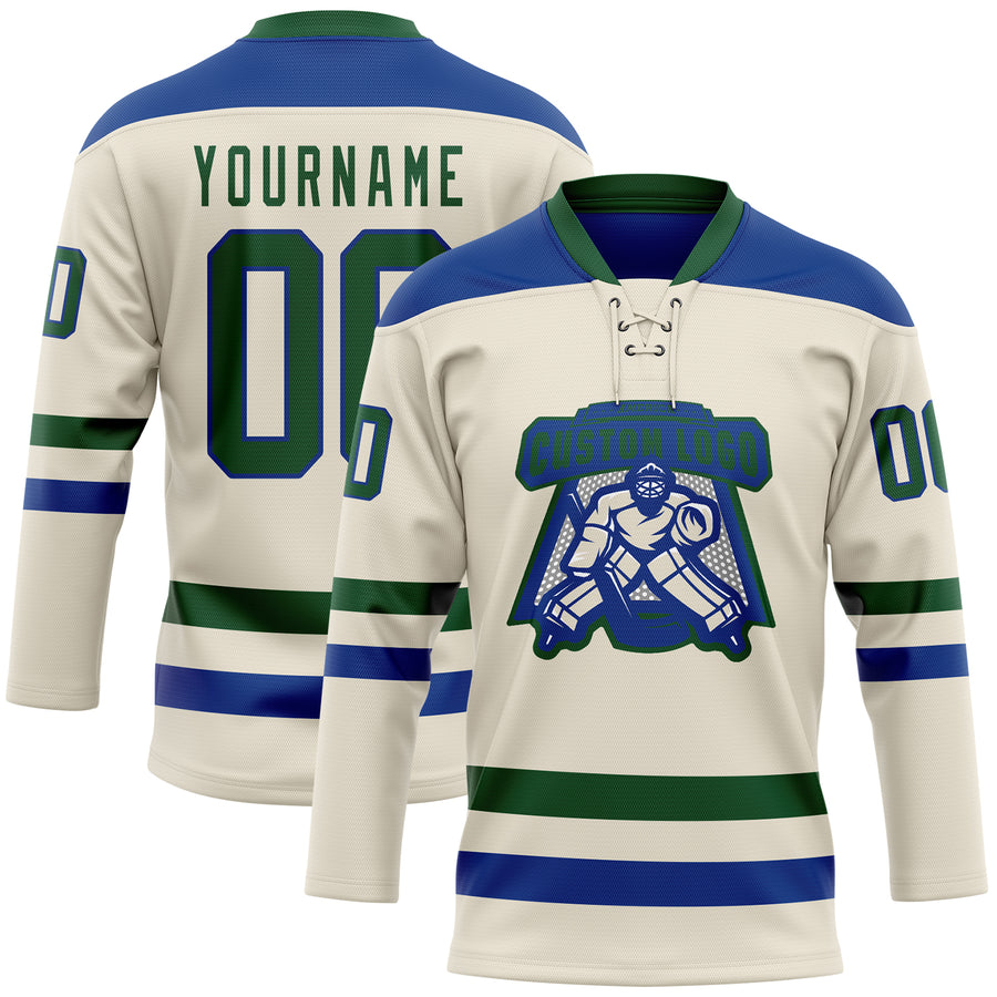 Custom Cream Green-Royal Hockey Lace Neck Jersey