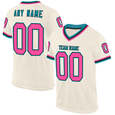 Custom Cream Pink Black-Teal Mesh Authentic Throwback Football Jersey