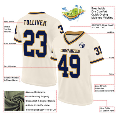 Custom Cream Navy-Old Gold Mesh Authentic Throwback Football Jersey