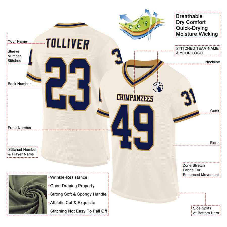 Custom Cream Navy-Old Gold Mesh Authentic Throwback Football Jersey