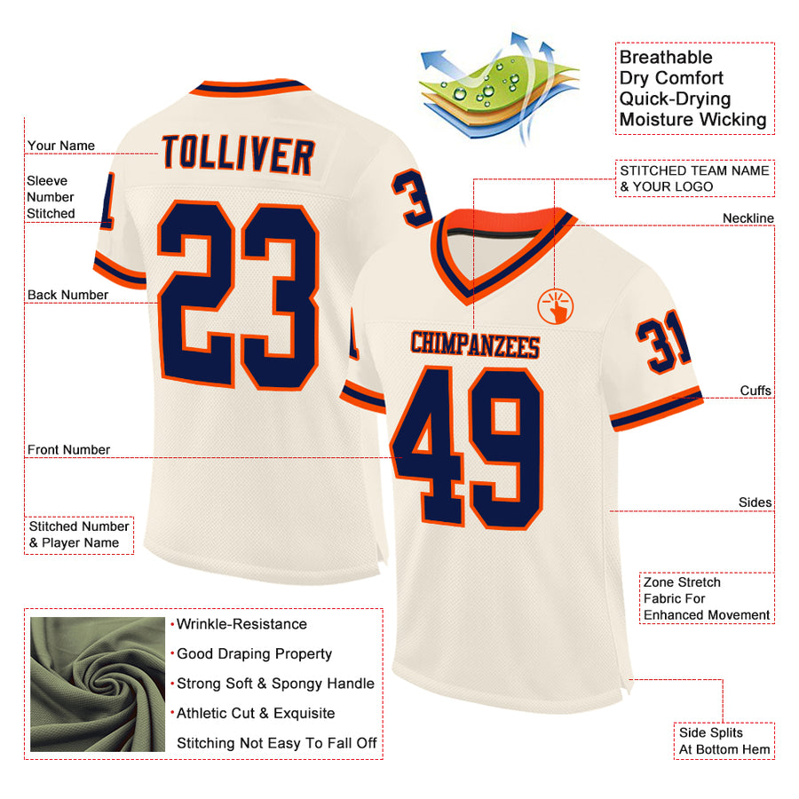 Custom Cream Navy-Orange Mesh Authentic Throwback Football Jersey