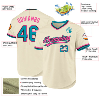 Custom Cream Teal Black-Pink Authentic Throwback Baseball Jersey