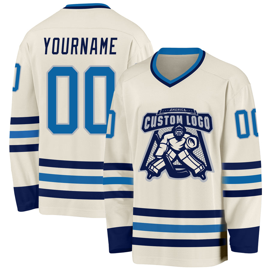 Custom Cream Blue-Navy Hockey Jersey