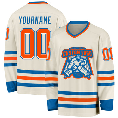 Custom Cream Orange White-Blue Hockey Jersey