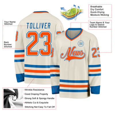 Custom Cream Orange White-Blue Hockey Jersey