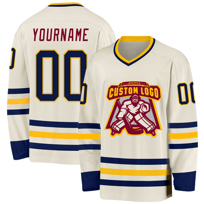 Custom Cream Navy Gold-Maroon Hockey Jersey