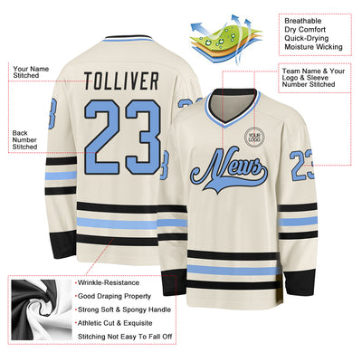 Custom Cream Light Blue Black-White Hockey Jersey