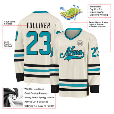 Custom Cream Teal-Black Hockey Jersey