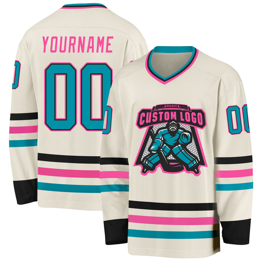 Custom Cream Teal Black-Pink Hockey Jersey