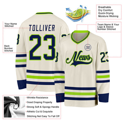 Custom Cream Navy-Neon Green Hockey Jersey