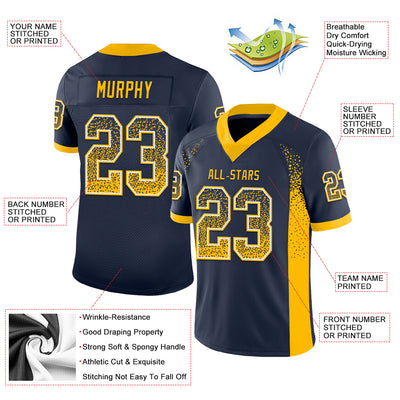 Custom Navy Gold-White Mesh Drift Fashion Football Jersey