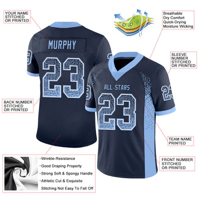 Custom Navy Light Blue-White Mesh Drift Fashion Football Jersey