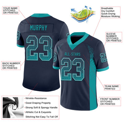 Custom Navy Teal-Gray Mesh Drift Fashion Football Jersey