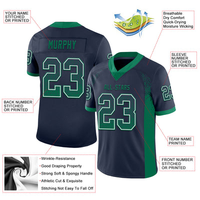 Custom Navy Kelly Green-White Mesh Drift Fashion Football Jersey