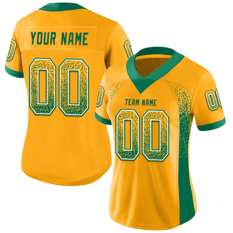 Custom Gold Kelly Green-White Mesh Drift Fashion Football Jersey