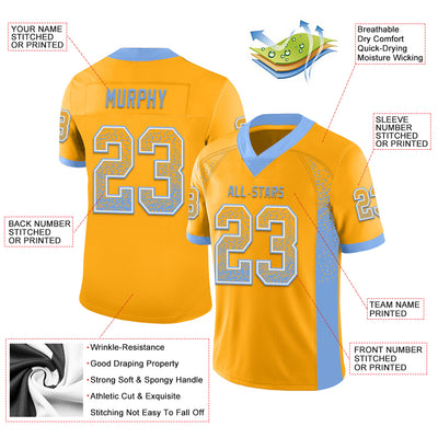 Custom Gold Powder Blue-White Mesh Drift Fashion Football Jersey