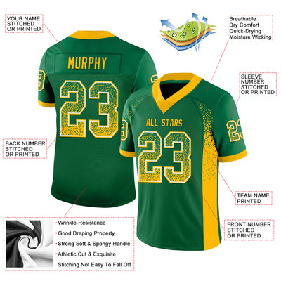 Custom Kelly Green Gold-White Mesh Drift Fashion Football Jersey