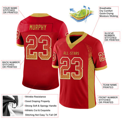 Custom Red Old Gold-White Mesh Drift Fashion Football Jersey