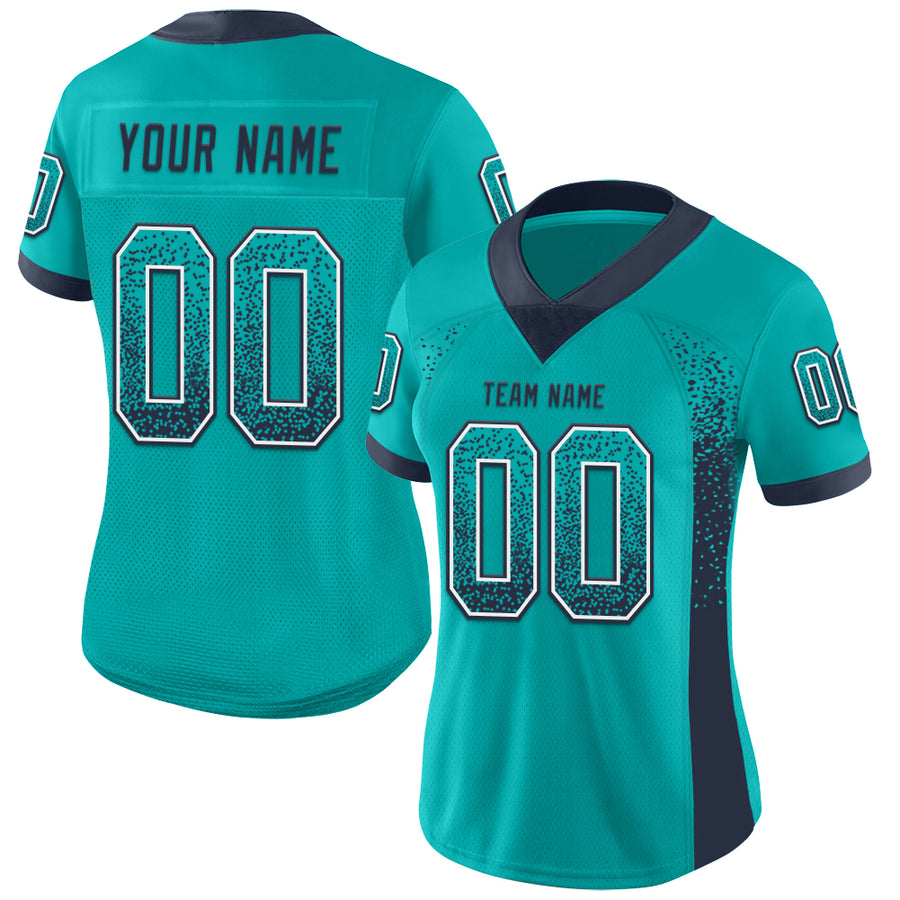 Custom Aqua Navy-White Mesh Drift Fashion Football Jersey