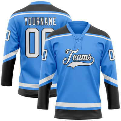 Custom Powder Blue White-Black Hockey Lace Neck Jersey