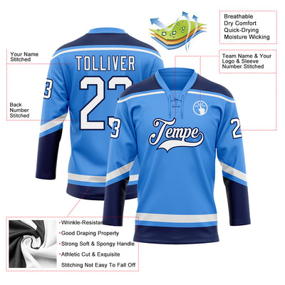 Custom Powder Blue White-Navy Hockey Lace Neck Jersey