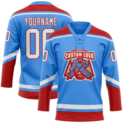 Custom Powder Blue White-Red Hockey Lace Neck Jersey