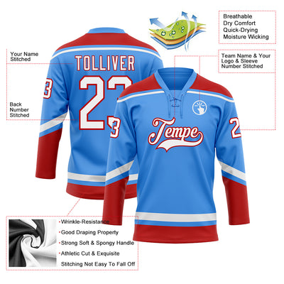 Custom Powder Blue White-Red Hockey Lace Neck Jersey