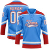 Custom Powder Blue White-Red Hockey Lace Neck Jersey