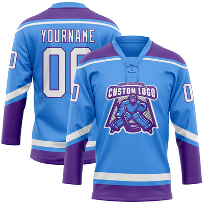 Custom Powder Blue White-Purple Hockey Lace Neck Jersey