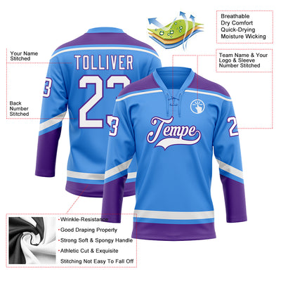 Custom Powder Blue White-Purple Hockey Lace Neck Jersey