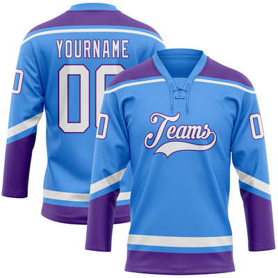 Custom Powder Blue White-Purple Hockey Lace Neck Jersey