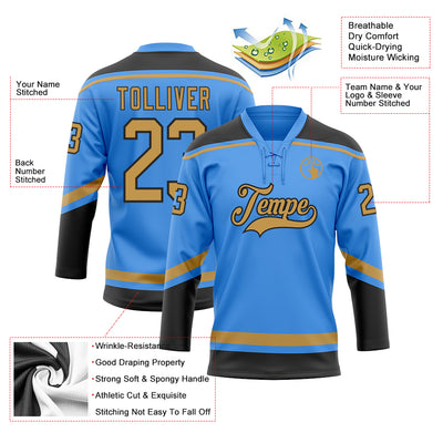 Custom Powder Blue Old Gold-Black Hockey Lace Neck Jersey