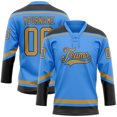 Custom Powder Blue Old Gold-Black Hockey Lace Neck Jersey