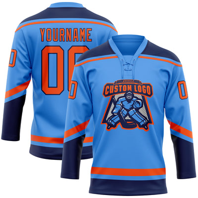 Custom Powder Blue Orange-Navy Hockey Lace Neck Jersey